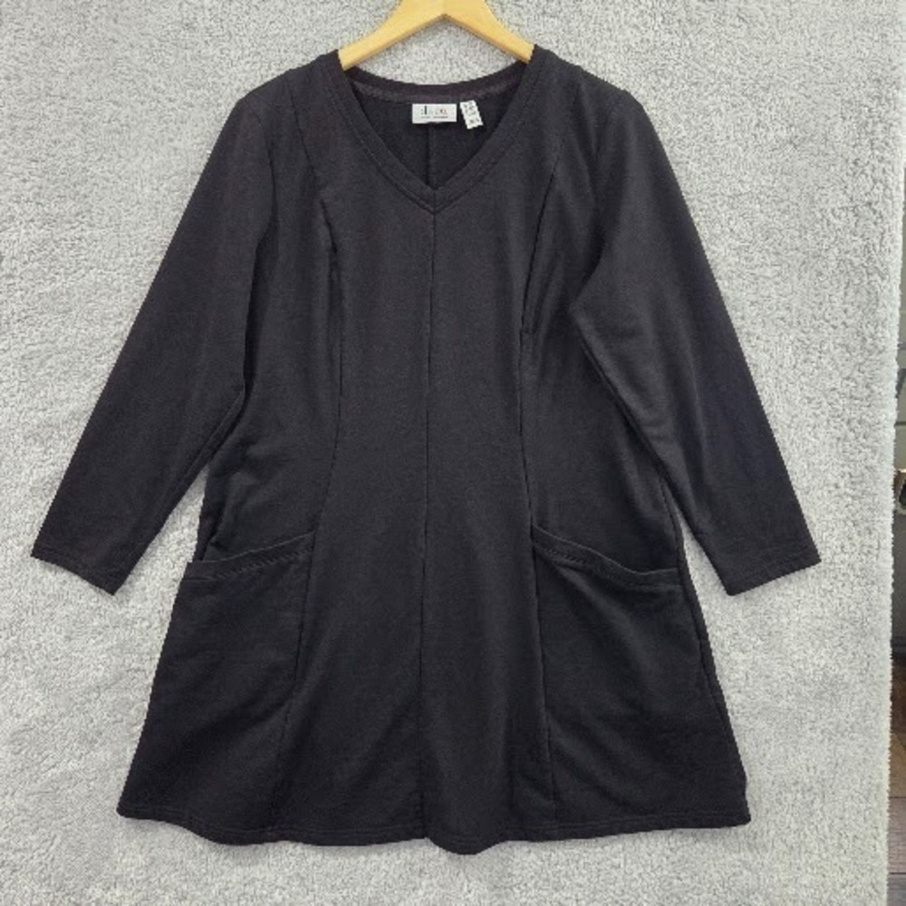 Denim & Co. V Neck Shift Dress Women's Large Petite Black Pockets Long Sleeve LP